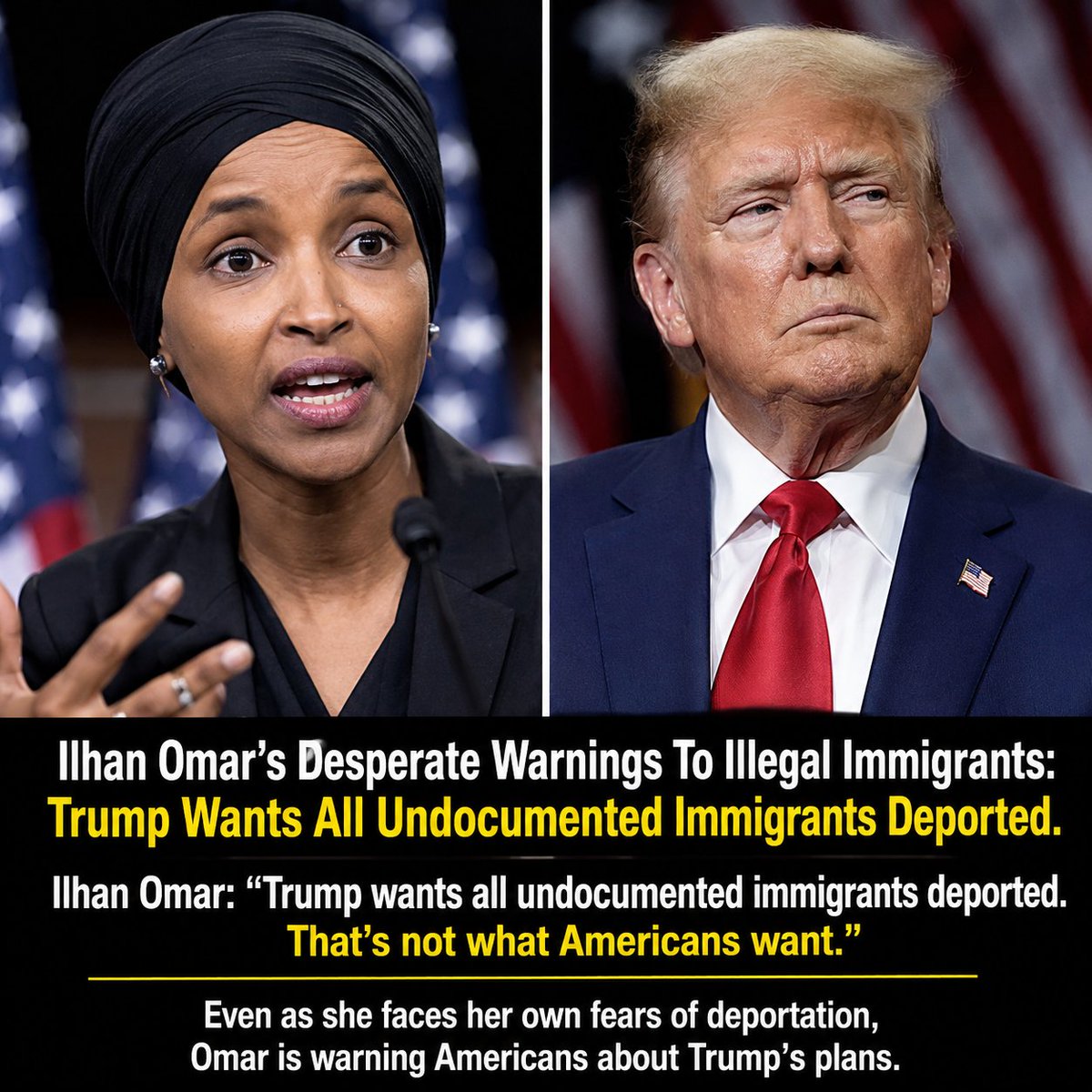 AmericaReloade's tweet photo. 🚨🇺🇸 Ilhan Omar Issues a Warning About Trump’s Deportation Plans — 

Do You Agree With Her? 

A) YES 
B) NO https://t.co/XzdSjL2EPt
