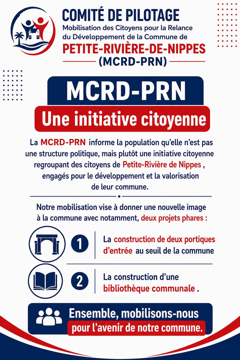 MCRDPRN2026's tweet photo. MCRD-PRN est une initiative citoyenne, non politique, qui rassemble des citoyens engagés pour le développement de Petite-Rivière de Nippes.
Nos deux priorités : une bibliothèque communale et deux portiques d’entrée.
Ensemble, mobilisons-nous pour l’avenir de notre commune. https://t.co/lQsklKtU8F