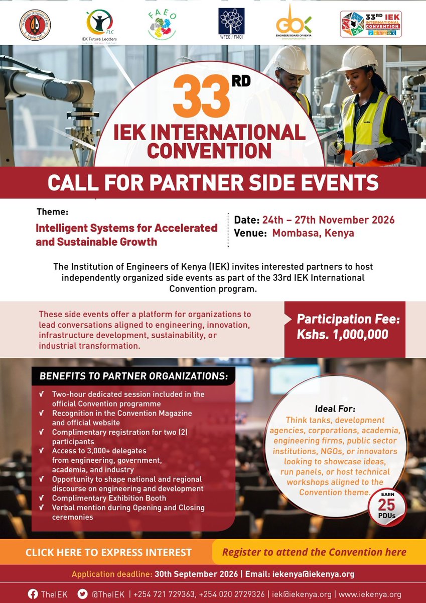 TheIEK's tweet photo. IEK  invites organizations to host Partner Side Events during the 33rd IEK International Convention.

📅 24th–27th November 2026 | 📍 Mombasa, Kenya

💡 Express your interest: https://t.co/q9uzEvDkEO

🎟️ Register for the Convention: https://t.co/4e03nJgwlp https://t.co/1tagLcOvZT