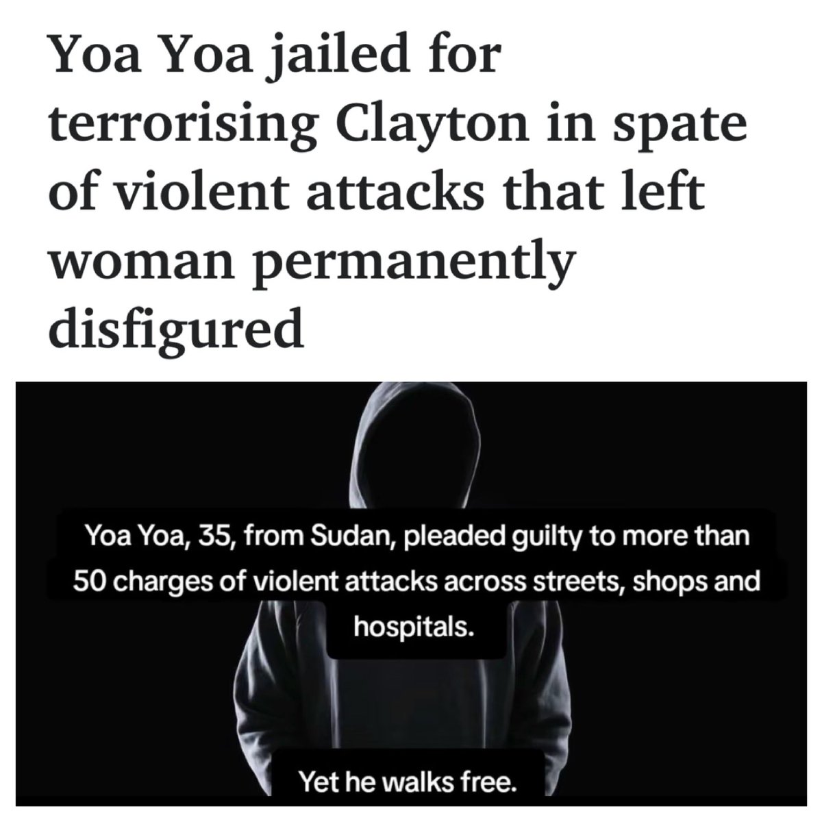 TruthFairy131's tweet photo. An SUDANESE MIGRANT who launched a campaign of terror in Melbourne brutally assaulting many men & women before he was finally caught has walked free from court in MELBOURNE.

Yoa Yoa, 35, from Sudan, pleaded guilty to more than 50 charges of violent attacks across streets, shops & hospitals.

He grabbed one woman's breasts, threw a metal sign at a hotel manager, hurled a fire extinguisher at a car & punched an young woman so hard he shattered her orbital bone, permanently displacing her eye & leaving her half blind & disfigured for life.

Now he is back in the Australian community.

The country we once knew is gone & unless we fight to reclaim & rebuild it (better) this will be our new reality.

STOP ALL 3RD WORLD IMMIGRATION & SEND THEM BACK NOW 😡

REMOVE LABOR- They are a danger to us all.