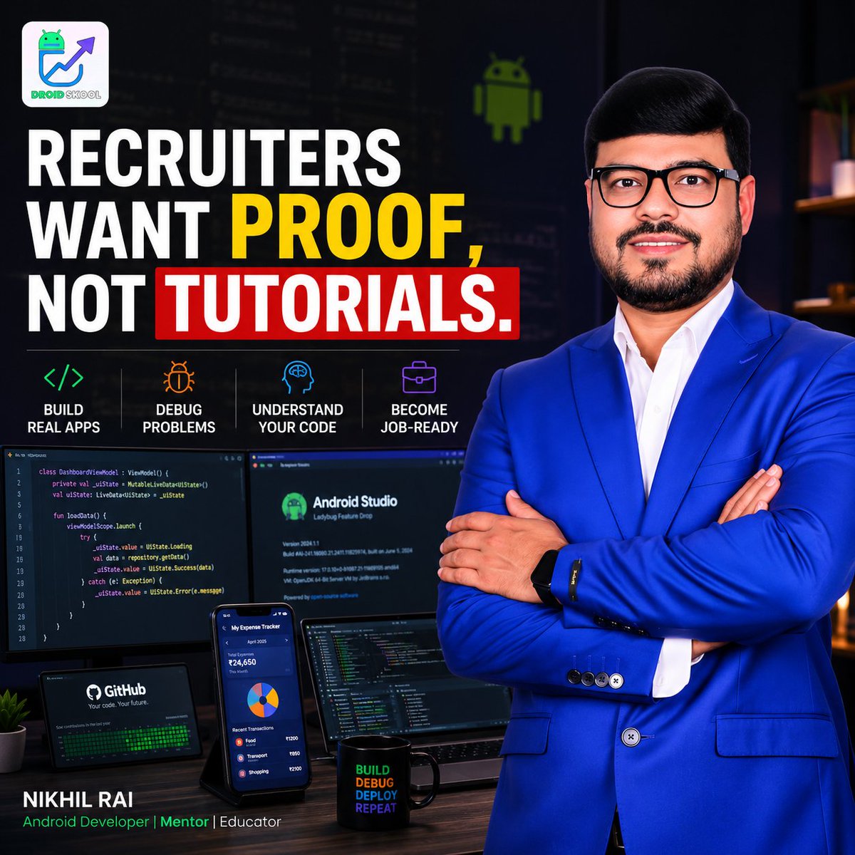 Droid_Skool's tweet photo. Recruiters don’t hire Android developers because they watched 100 tutorials. I look for people who can build, debug, explain, and improve real apps. Skills must become proof. #Android #Kotlin https://t.co/4Fv3N9JK9q