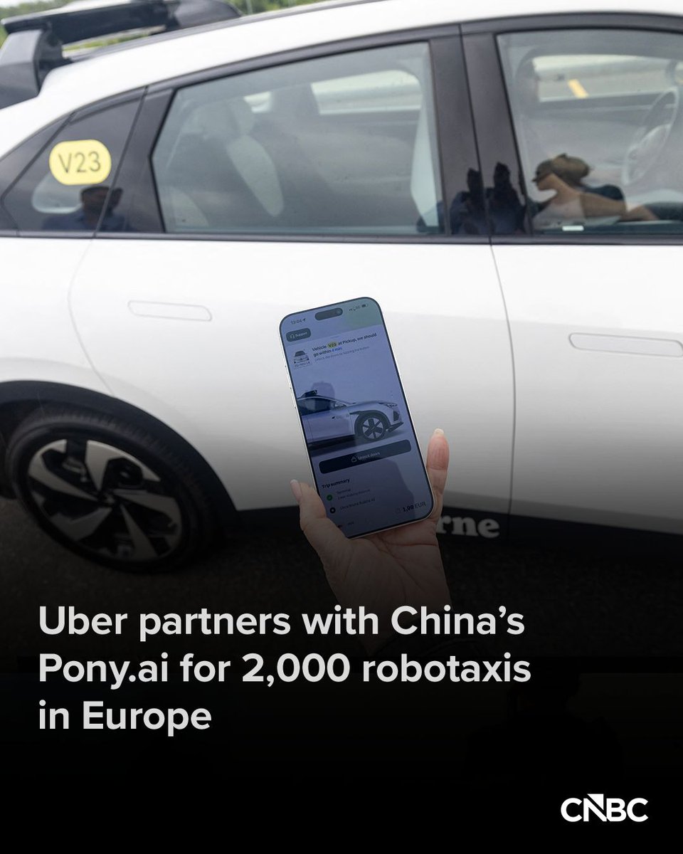CNBC's tweet photo. U.S. ride-hailing giant Uber is ramping up its global robotaxi coverage with operator https://t.co/2gR4vUapID.

The companies plan to deploy 2,000 of https://t.co/2gR4vUapID’s self-driving taxis across Europe, and expand the robotaxi partnership to the Middle East, they announced Friday.

Click here for more: https://t.co/GOGB6IUMiz