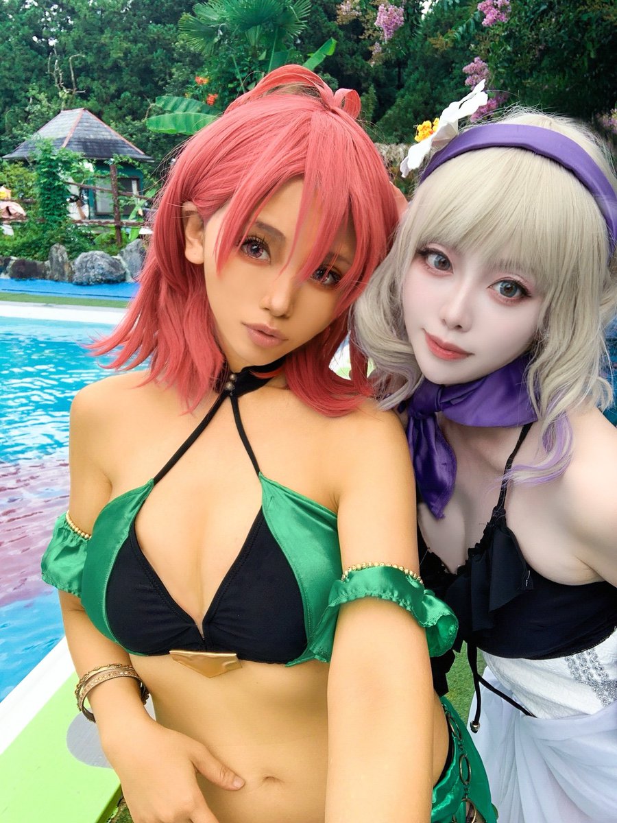 yolda_cos's tweet photo. 【FE風花雪月/ハピ＆コンスタンツェ】

改めて昨日は城山さんでFEHの水着ハピコニやってきました〜✨😍
ハルカさんのコ二ちゃんめっちゃ色白美女過ぎて視力5.0くらいになりました！✨💕
撮影はりのさんでした💕女子会楽しかったです💕
コンスタンツェ@hrk0817izm 

#fireemblemcosplay  #FE3H https://t.co/TxEr0VJTCd