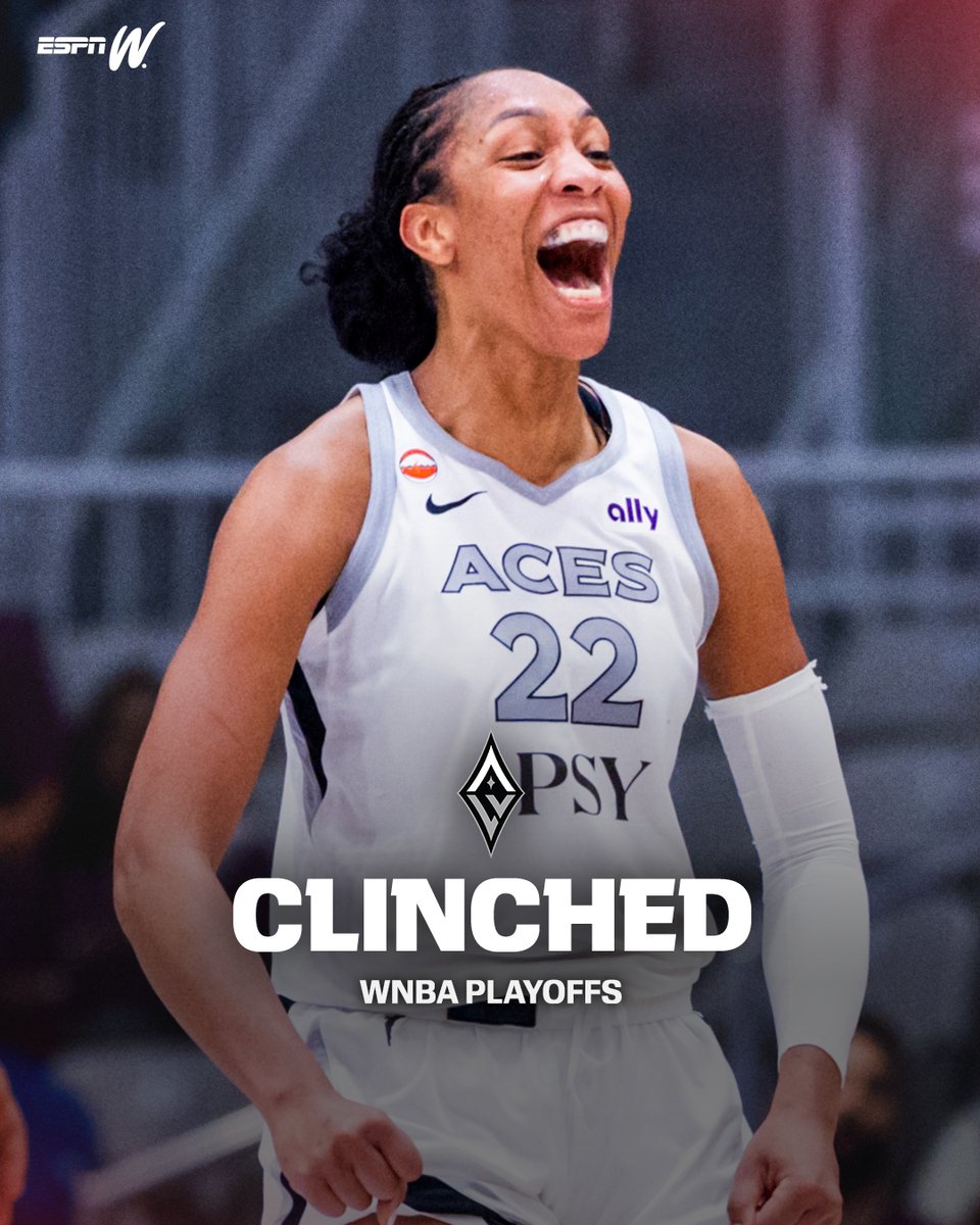 espn's tweet photo. THE REIGNING CHAMPS ARE RUNNING IT BACK TO THE POSTSEASON 😤

The Aces lock in the second spot in the WNBA playoffs 🔥 https://t.co/zDptDMJ0MT