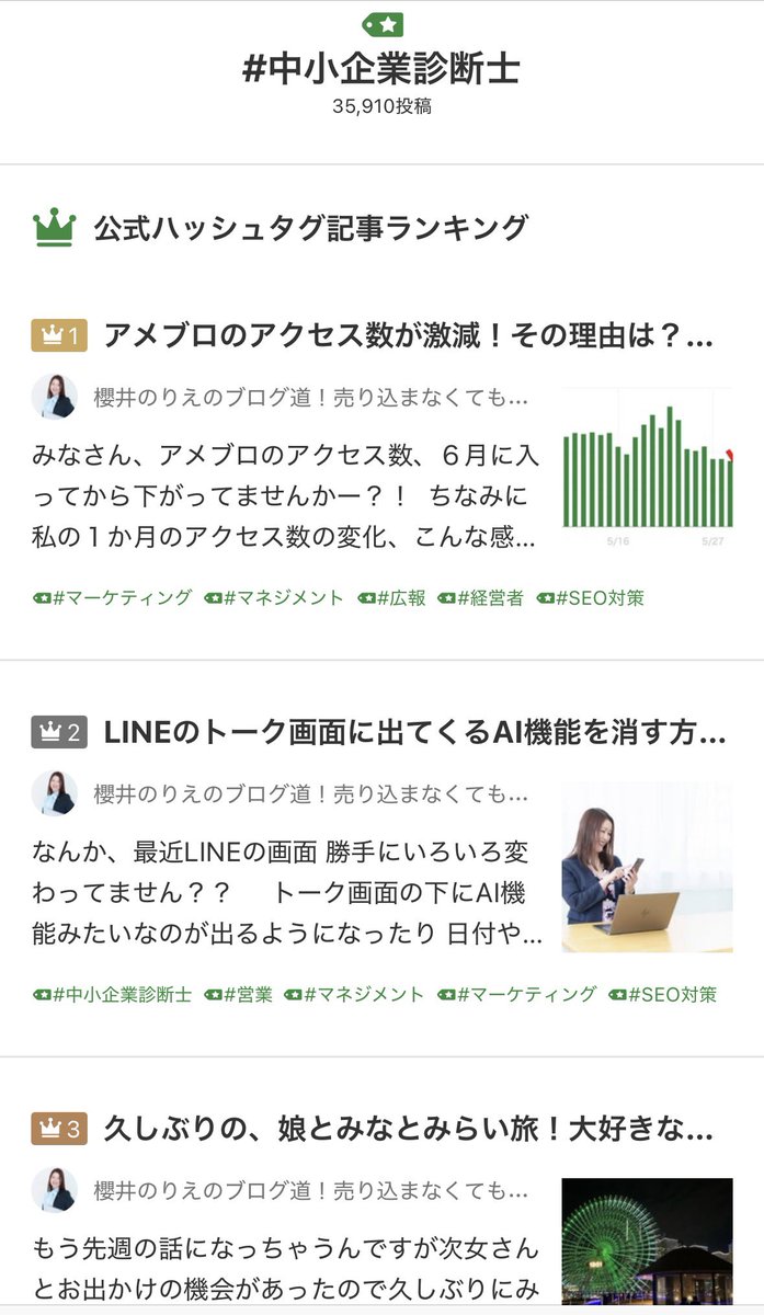 non_hy2020's tweet photo. アメブロの【中小企業診断士】のハッシュタグランキングで
上位独占できると嬉しい🥰

(診断士の仕事関係ない記事ばっかりだけどな) https://t.co/csNkniGpOy