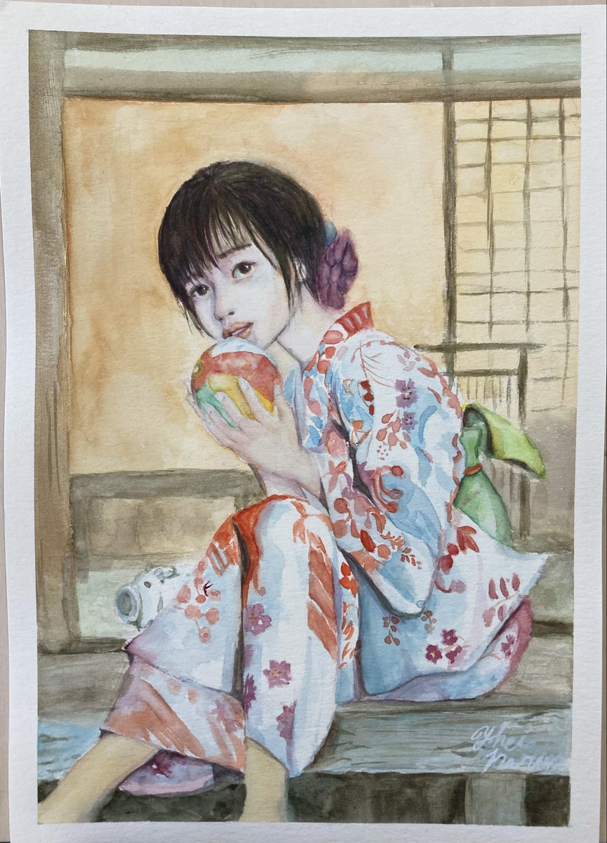 こんにちは。 8月14日午後の一枚です。 縁側と紙風船。 #水彩画 #人物