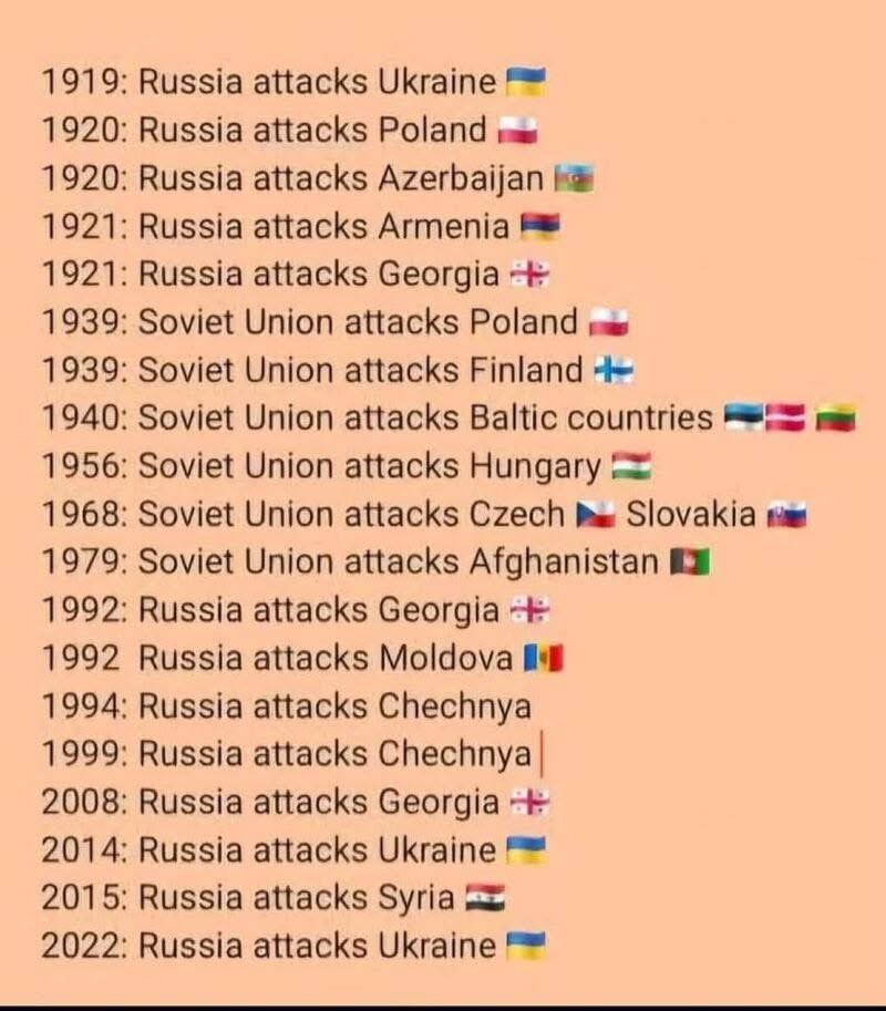 rshereme's tweet photo. Russia is a “peaceful” country — if you ignore the several dozen nations it has invaded, occupied, or bombed over the past few centuries.

Peace, russian-style, just tends to involve someone else’s territory. https://t.co/r8RXJgwKxm