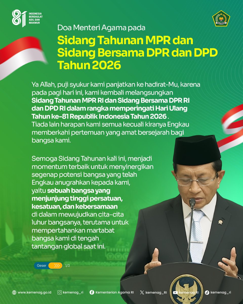 MAN_2_KBM's tweet photo. *Doa Menteri Agama dalam Sidang Tahunan MPR RI dan Sidang Bersama DPR RI dan DPD RI* 

Gunakan taggar: 
#HUT81RI 
#KitaIndonesia
#PidatoPresiden2026 https://t.co/tpgjC0F0AN