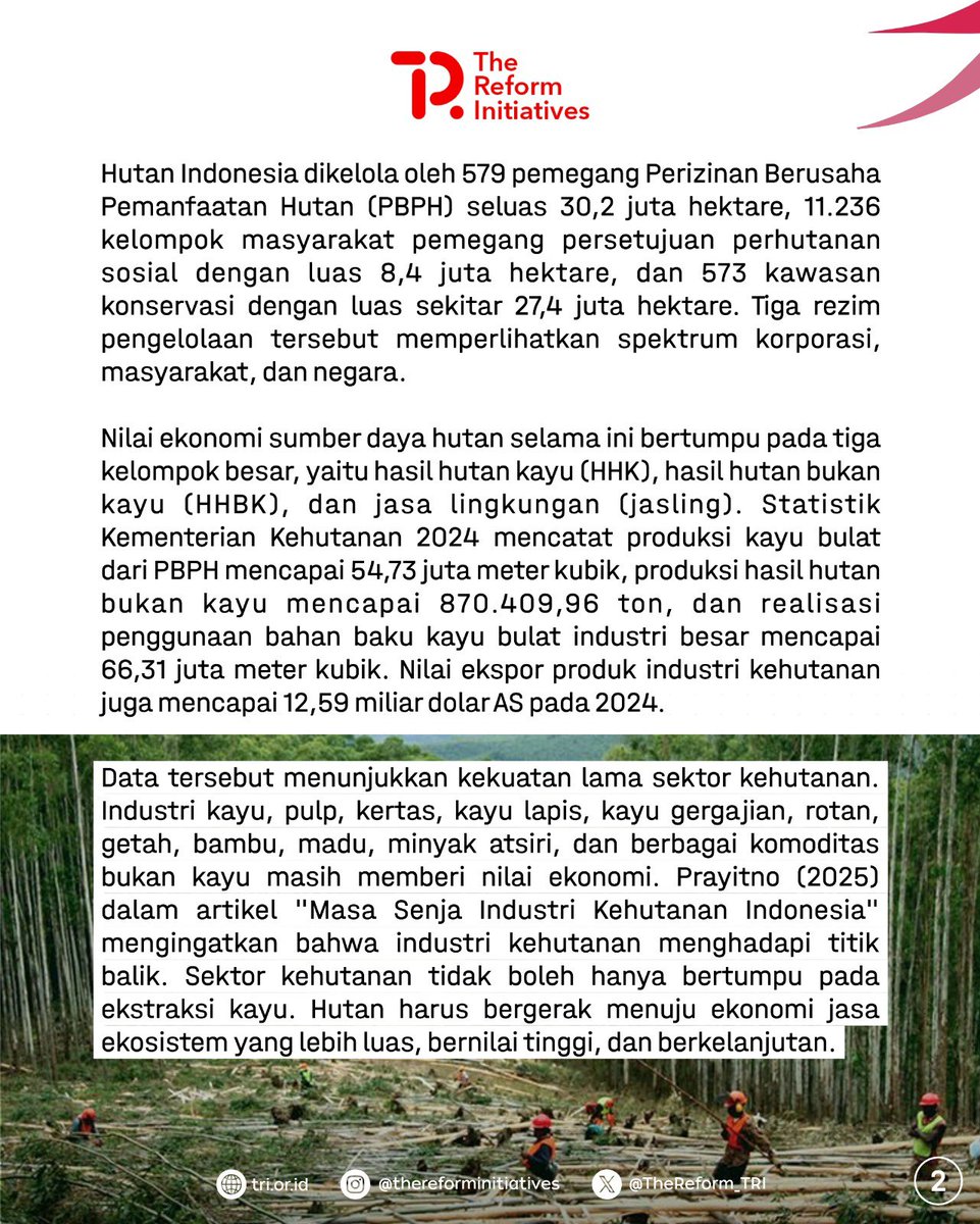 TheReform_TRI's tweet photo. Indonesia dianugerahi kawasan hutan seluas 125,5 juta hektare. Selama ini, nilai ekonomi hutan identik dengan komoditas kayu (ekstraksi). Padahal, di tengah tantangan iklim global, potensi ekonomi hutan jauh melampaui produksi kayu semata. https://t.co/PMghihqE1Y
