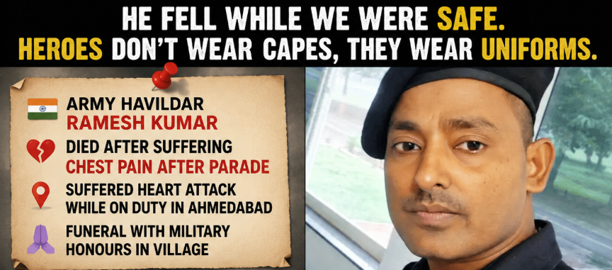 Majsameerbudha's tweet photo. A heartbreaking loss. Army Havildar Ramesh Kumar passed away after suffering a heart attack while on duty in Ahmedabad. His final rites were conducted with military honours in his village.
Om Shanti. https://t.co/g5NVbzRu6a