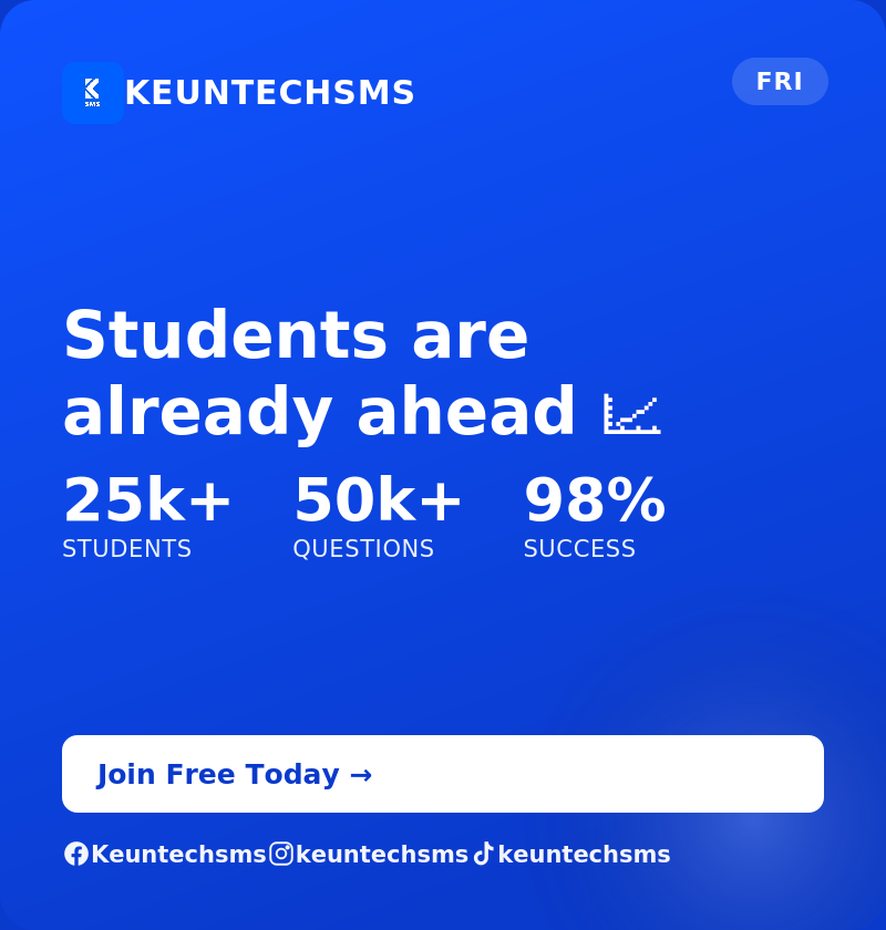 keuntechsms's tweet photo. 25,000+ students. 50,000+ questions. 98% success rate 📈
Join the students already ahead → https://t.co/lesmGd1jv4
#ProvenResults #Keuntechsms https://t.co/m4KxRxeVS9