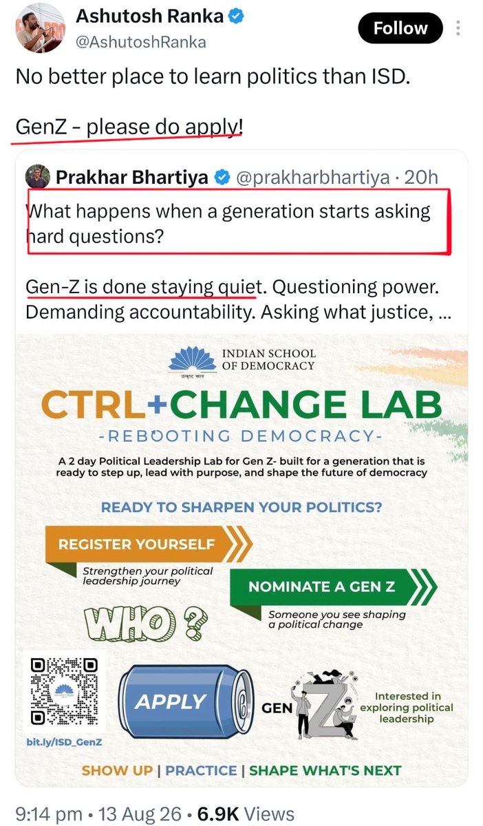 VijayGajeraO's tweet photo. Hello @PMOIndia @HMOIndia 

1. Look at how a training is being organized to weaponize Indian Gen Z.

Who is the mentor of this organization, the Indian School of Democracy?

The CEO of the Azim Premji Foundation, Anurag Behar, who funds the entire Marxist news outfit via IPSMF. https://t.co/GAothOQiF3