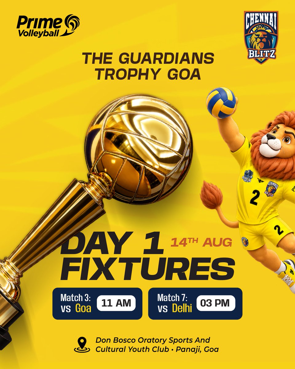ChennaiBlitz's tweet photo. Trophy kicks off with Chennai Blitz taking on Goa at 11 AM and Delhi at 3 PM. Let the battle begin! 💛🏐

▶️ Live on Goa Guardians YouTube Channel

 #ChennaiBlitz #GuardiansTrophy #PrimeVolleyball #Volleyball #Goa #Delhi #Day1 #MatchDay #LetsGoBlitz https://t.co/pLYTG55rW5