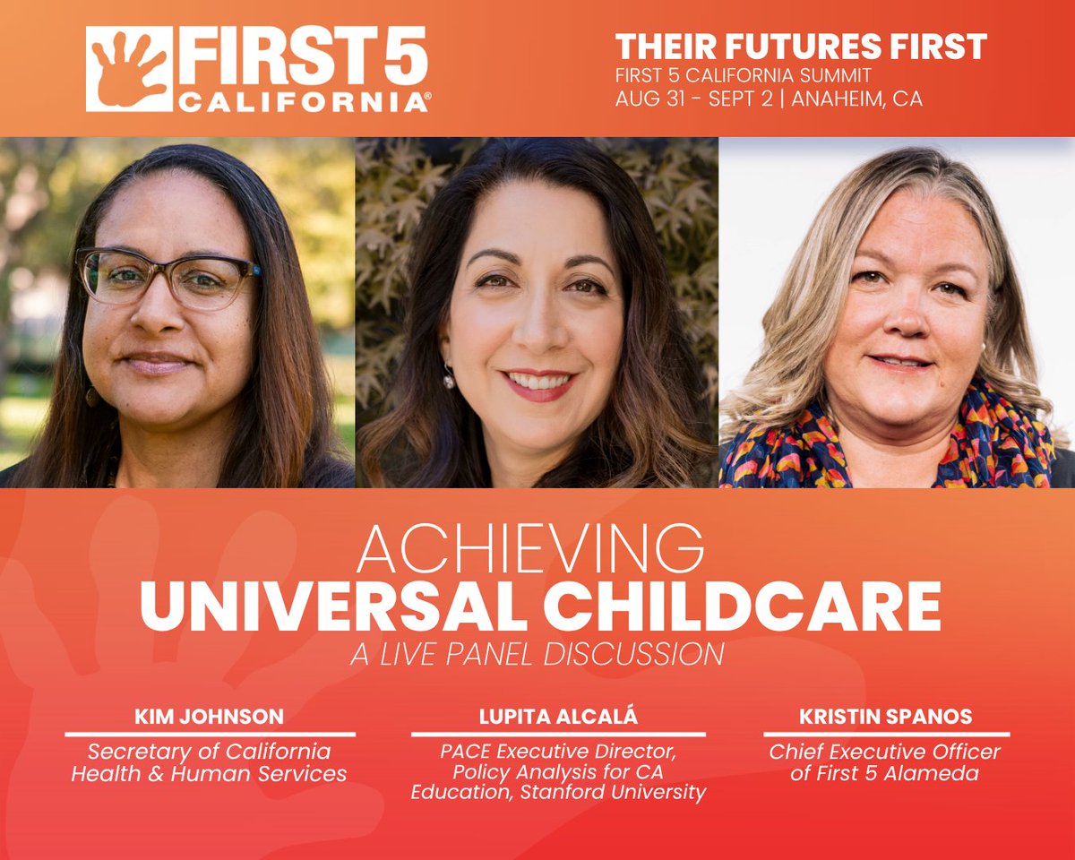 First5CA's tweet photo. Building a future where every family has access to affordable, high-quality childcare will require bold leadership and meaningful collaboration.

Join Katie Albright, Lupita Alcalá, Kim Johnson, and Kristin Spanos at the 2026 First 5 California Summit: Their Futures First for an engaging discussion on the policies, partnerships, and innovative strategies driving progress toward a more equitable early childhood system.

Connect with policymakers, educators, advocates, providers, and early childhood leaders from across California as they explore solutions that strengthen families and expand access to the care and support every child deserves.

Register today to secure your spot: https://t.co/tAypA0pchW