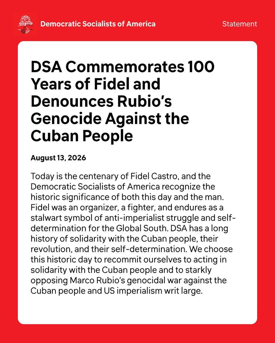 DemSocialists's tweet photo. DSA commemorates the centenary of Fidel Castro and demands an end to the genocidal blockade. https://t.co/ApeyncJTf7