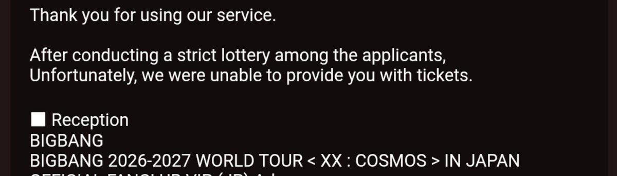 V1PRMoon's tweet photo. I lost every lottery for bigbang in Japan 😭😭

チケットの抽選にはすべて外れてしまった… 😭 https://t.co/2SiMCrZdSe
