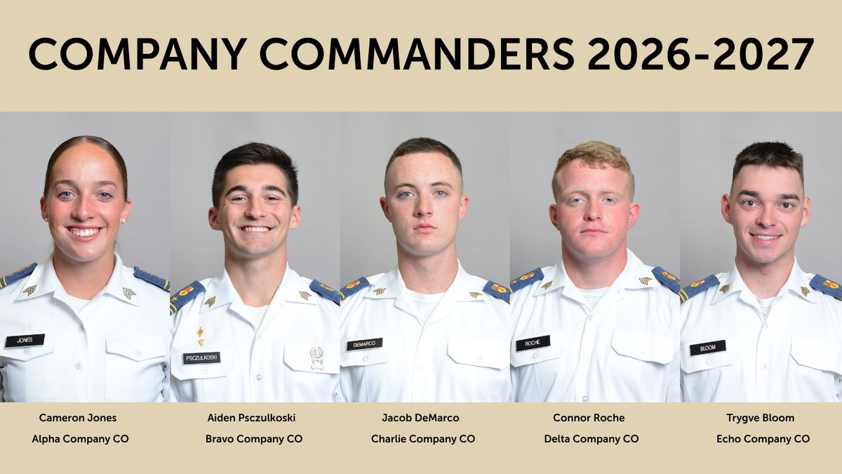 VMI1839's tweet photo. Meet the Corps Leaders for 2026-2027, Part 3

Today, we're getting to know the first half of the company commanders, a key role in VMI's regimental system.

📸 1: Cameron Jones will serve as the new Alpha Company CO and is from Ridgefield, Washington. She crossed the country to come to VMI because it gave her the opportunity to play Division I soccer, earn a degree, and commission into the military.

📸 2: The new Bravo Company CO is Aiden Psczulkoski, a double major in physics and applied mathematics from Arcanum, Ohio. He chose to come to VMI after he visited post when he was a freshman in high school.

📸 3: Jacob DeMarco has been named the new Charlie Company CO. He is from Chesapeake, Virginia, and attended Hickory High School. He chose VMI in order to commission into the Army.

📸 4: Leading Delta Company as CO is Connor Roche from Springfield, Pennsylvania. He came to VMI to play lacrosse and to be able to commission into the Marine Corps, and is the first of his family to attend college.

📸 5: Trygve Bloom is the new Echo Company CO. He is from Villa Grove, Illinois. He chose VMI to become an Army officer and to experience real leadership during college.

Learn more at https://t.co/8lZg4RaQuC
