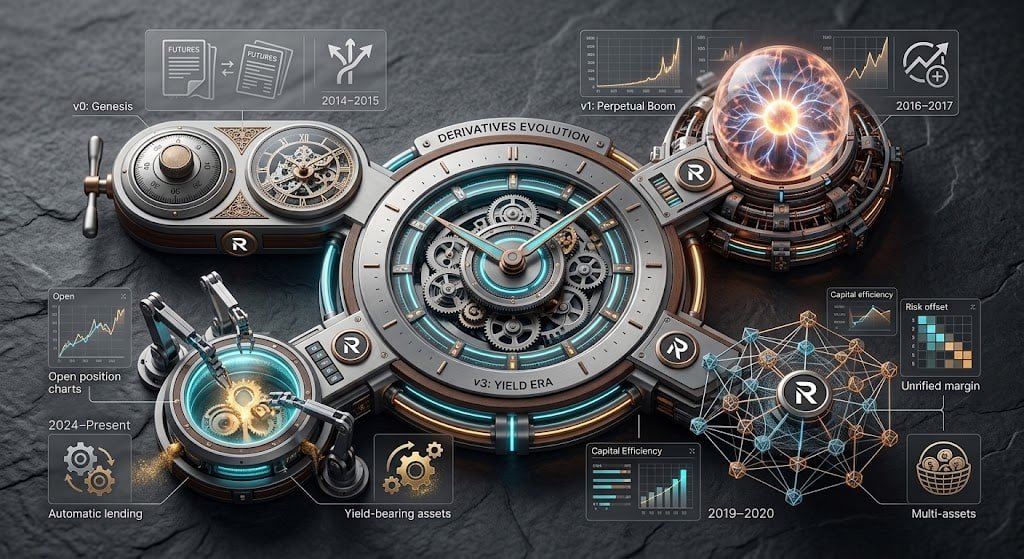 rebornglobal_En's tweet photo. To understand the market dynamics of crypto today, you have to look at how liquidity and leverage evolved through the history of crypto derivatives.

Here is a breakdown of the 4 key evolutionary eras shaping crypto derivatives:

v0 Era (2014–2015): The Genesis & Direct Transplantation

Core Shift: Traditional financial futures models were directly ported into the crypto landscape.

Mechanics: While groundbreaking, products were rigid with rudimentary risk management frameworks and limited flexibility, laying early experiments for institutional-style trading.

v1 Era (2016–2017): Perpetual Swaps & The Retail Boom

Core Shift: The invention of the Perpetual Swap combined with high leverage triggered an explosive market expansion.

Mechanics: By removing expiration dates and introducing funding rates, liquidity concentrated rapidly. Derivatives officially took over price discovery from spot markets.

v2 Era (2019–2020): Unified Margin & Capital Efficiency

Core Shift: The paradigm transitioned from "creating new products" to "maximizing capital utilization."

Mechanics: Unified margin accounts and multi-asset collateral types allowed traders to offset risks across positions and deploy diverse assets, significantly professionalizing desk management.

v3 Era (2024–Present): Automated Lending & Yield-Bearing Derivatives

Core Shift: Capital efficiency reaches its logical peak—collateral is no longer allowed to sit idle.

Mechanics: Modern exchanges and protocols integrate automated lending mechanisms and yield-bearing collateral natively into trading engines, allowing margin deposits to actively generate yield while backing open positions.

From rigid traditional copies to self-optimizing, yield-generating engines, the history of crypto derivatives is fundamentally a story of continuous capital efficiency optimization.