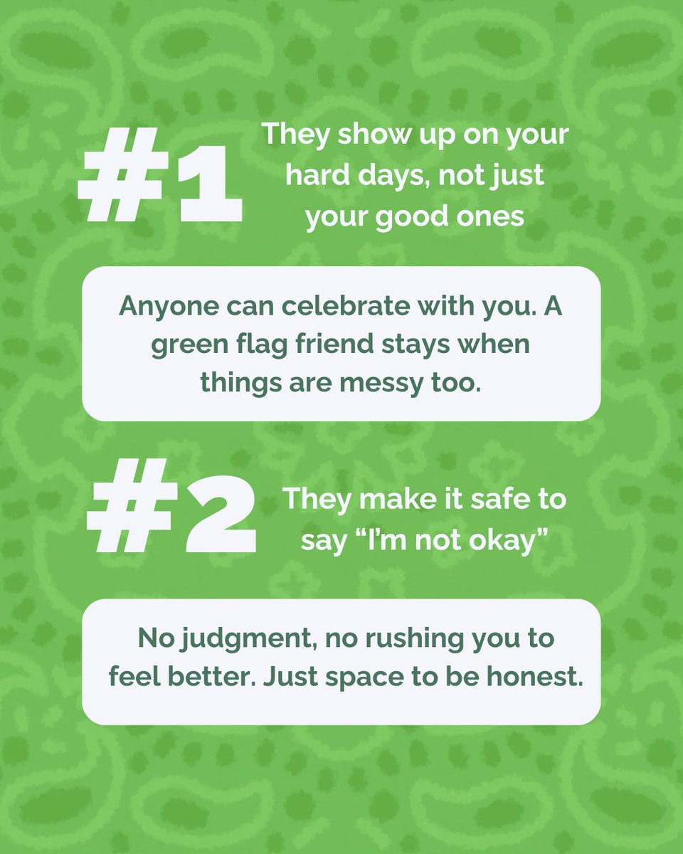 TheBandanaProj's tweet photo. Real friendship = the small, consistent things. 💚

Green flags: showing up on hard days, respecting boundaries without guilt, and telling you the truth because they care. Tag a friend who does this without even trying 👇 

#MentalHealth #Change #DoGood #GreenFlag https://t.co/do9N3p5WSn