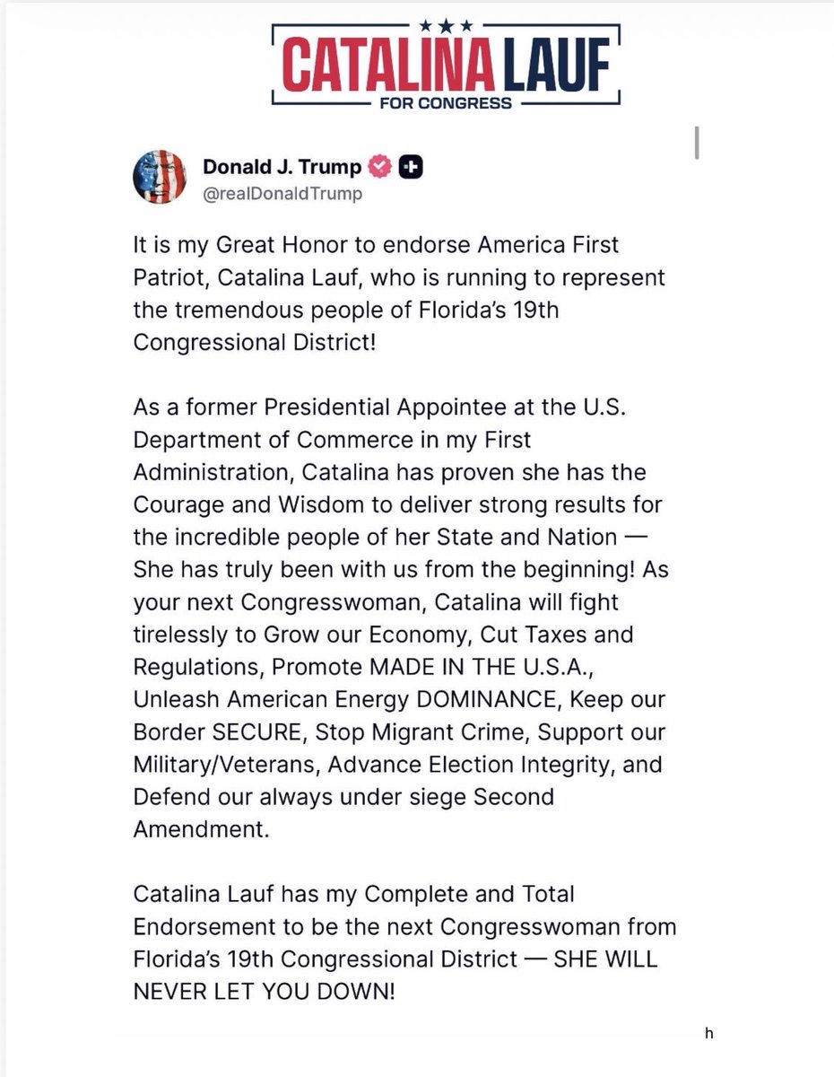 CatalinaLauf's tweet photo. To the greatest President, thank you. I am so honored to receive your Complete and Total Endorsement. I will NEVER LET YOU DOWN.

And to the people of Southwest Florida: I WILL FIGHT FOR YOU EVERY SINGLE DAY.
For our families. For our freedoms. For our country.

Now, let’s get to work! 5 DAYS! 🇺🇸

VOTE CATALINA LAUF AUGUST 18th