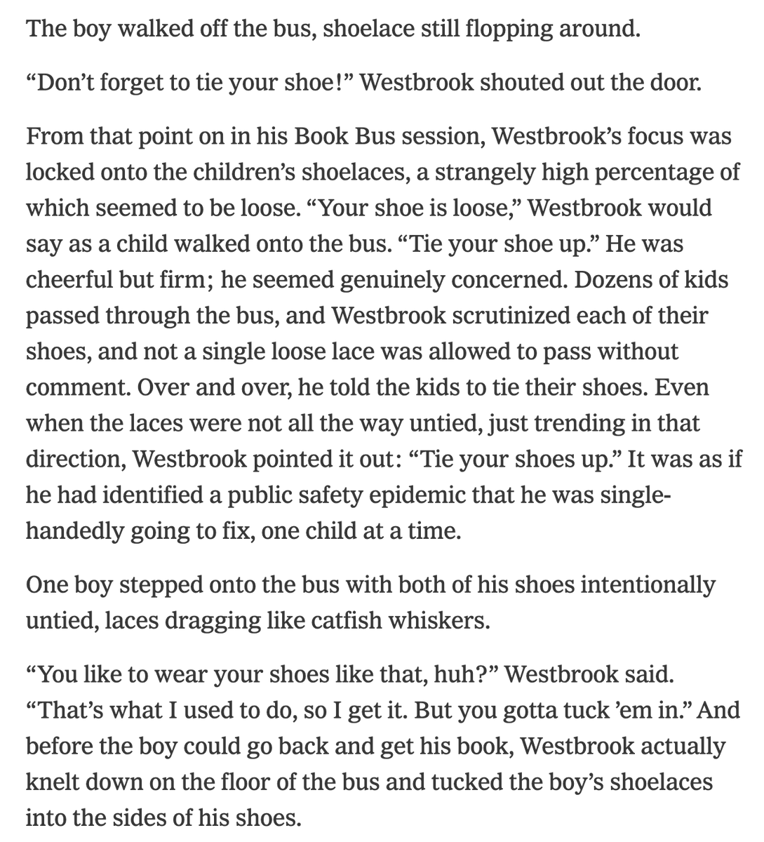 joecoscarelli's tweet photo. my two favorite legendary Russell Westbrook bits from Sam Anderson’s NYTM story + “Boom Town”:

1. Russ vs. kids shoelaces

2. “You don’t get to bargain with me, motherfucker” https://t.co/4J20iPt1kI