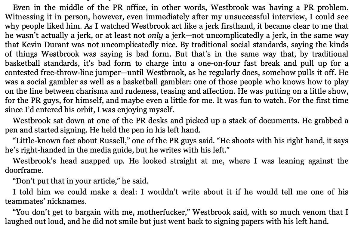 joecoscarelli's tweet photo. my two favorite legendary Russell Westbrook bits from Sam Anderson’s NYTM story + “Boom Town”:

1. Russ vs. kids shoelaces

2. “You don’t get to bargain with me, motherfucker” https://t.co/4J20iPt1kI