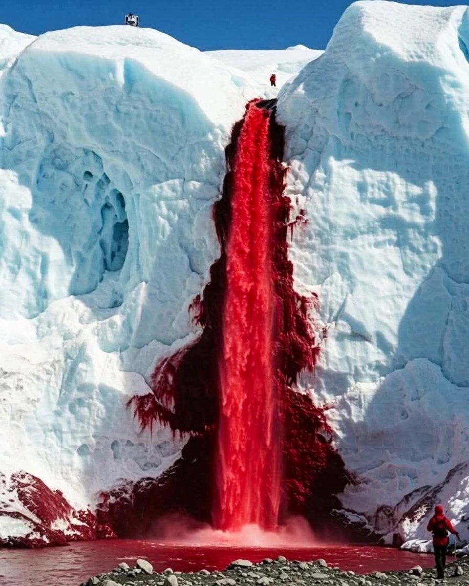 Nature__Gift's tweet photo. In Antarctica there is a waterfall that looks like it is bleeding.

Blood Falls pours iron-rich, salt-heavy water from a buried ancient lake onto the ice. The water has been sealed away for millions of years, and when it meets the air it turns a deep red. https://t.co/gzAbHl3DBC