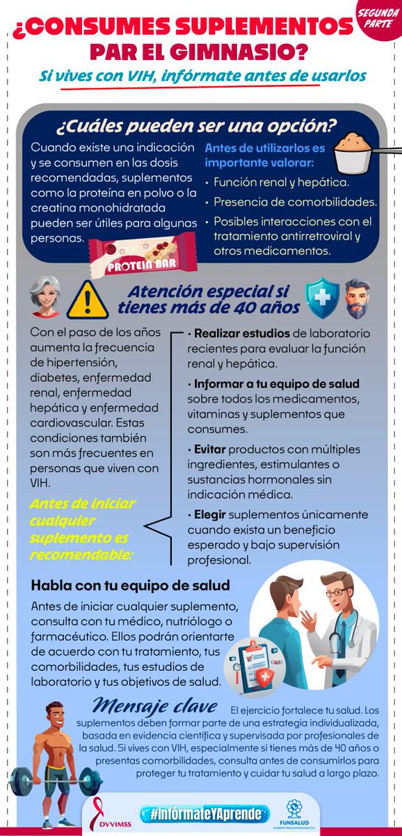 DVVIMSS's tweet photo. Si vives con #VIH y usas suplementos para el gym, recuerda: no todos son seguros. Proteína, creatina y preentrenos deben valorarse según tu función renal y hepática, comorbilidades y medicamentos. Antes de consumirlos, consulta con tu equipo de salud. #InformateYAprende https://t.co/C5o9umK7wQ