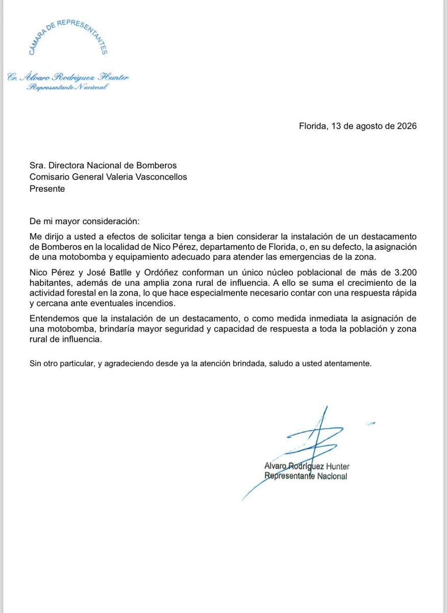 exitorama's tweet photo. El diputado Álvaro Rodríguez Hunter reiteró ante la Dirección Nacional de Bomberos el pedido de instalar un destacamento en Nico Pérez o, en su defecto, disponer de una motobomba y equipamiento adecuado. @alvaro_chacho https://t.co/An0yy92peY
