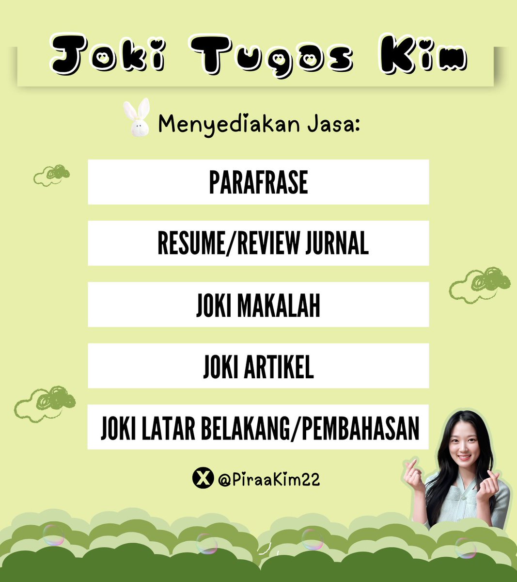 PiraaKim22's tweet photo. Haloo aku open yaa
Yang cari jasa parafrase, review jurnal, joki makalah atau cari materi boleh banget WA di bio ❤

#jokitugas #bealanja
#zonauang parafrase https://t.co/ZKGgfKieKI