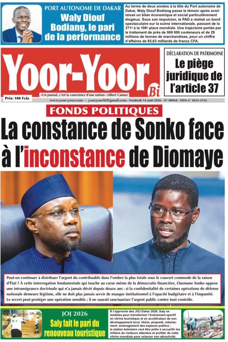 Yoor_Yoor_Bi's tweet photo. La Une de Yoor-Yoor Bi de ce vendredi 14 août 2026
À vos kiosques et bonne lecture!
#Bu_Baax_Bi  #Yoor_Yoor_Bi https://t.co/BQIIgNNR3Z