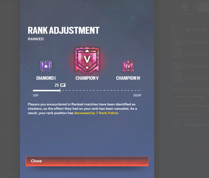 R6Pug's tweet photo. Biggest Ban Wave of Rainbow Six Siege. 

diamond 3 - champion 5.

Scripters being banned, Wall Hackers, Players that play with cheaters. SO MANY BANS ARE HAPPENING RIGHT NOW ON PC!!

#rainbowsixsiege #r6 https://t.co/LjCo7HJu5A