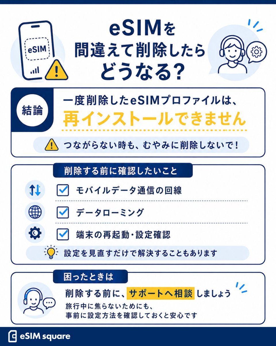 esimsquare_jp's tweet photo. Q. eSIMを間違えて削除したらどうなる？😱

A. 一度削除したeSIMプロファイルは、再インストールできません。

「つながらないから、一度削除して入れ直してみよう」
と削除してしまうのは要注意⚠️
通信できないときは、eSIMを削除する前に設定を確認してみましょう📱 https://t.co/hxyuGwwfwN