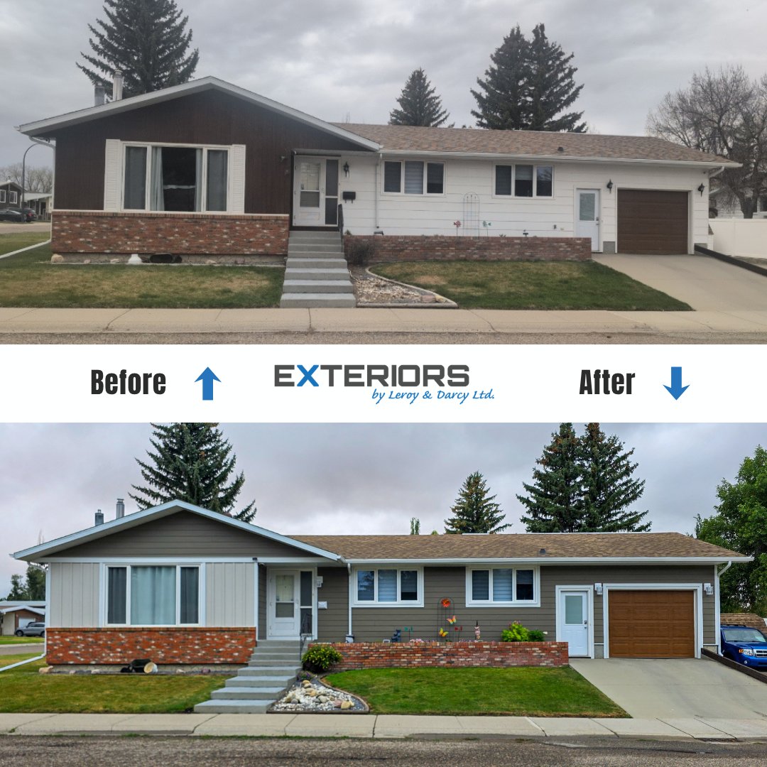Exteriorsld's tweet photo. Major curb appeal upgrade! ⬇️ Before &amp; After makeover. 😍
​📍 Lethbridge, AB
🏠 @JamesHardie Timber Bark &amp; @lpcorp Cobblestone B&amp;B
✨ @MachineMetals Flashing
​Get a free quote!
🌐 https://t.co/f92hRIsQUe
📞 (403) 327-9113
​#YQL #Lethbridge #ExteriorsByLeroyAndDarcy https://t.co/lk1L7PelC9
