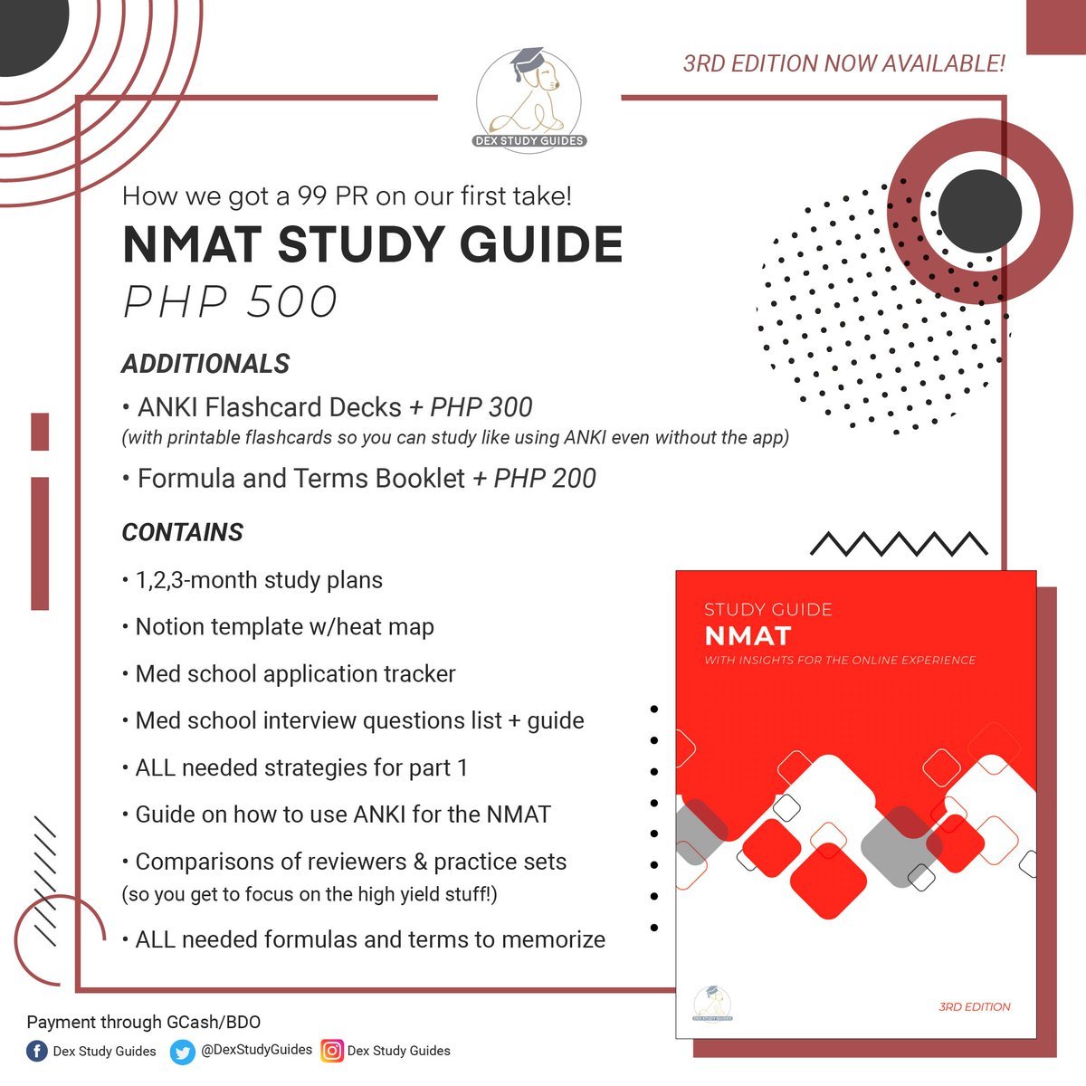 DexStudyGuides's tweet photo. 🩺 HOW WE GOT A 99 PR ON OUR FIRST TAKE!  THE 4TH EDITION IS HERE!     
SELLING: NMAT Study Guide (Php 500)   
• w/ ANKI &amp; Printable Flashcards (+Php 300)   
• w/ Formula &amp; Terms Booklet (+Php 200)     
#medtwt #studytwt #studytwtph #NMAT #NMATReview https://t.co/vkS2uE4GWf