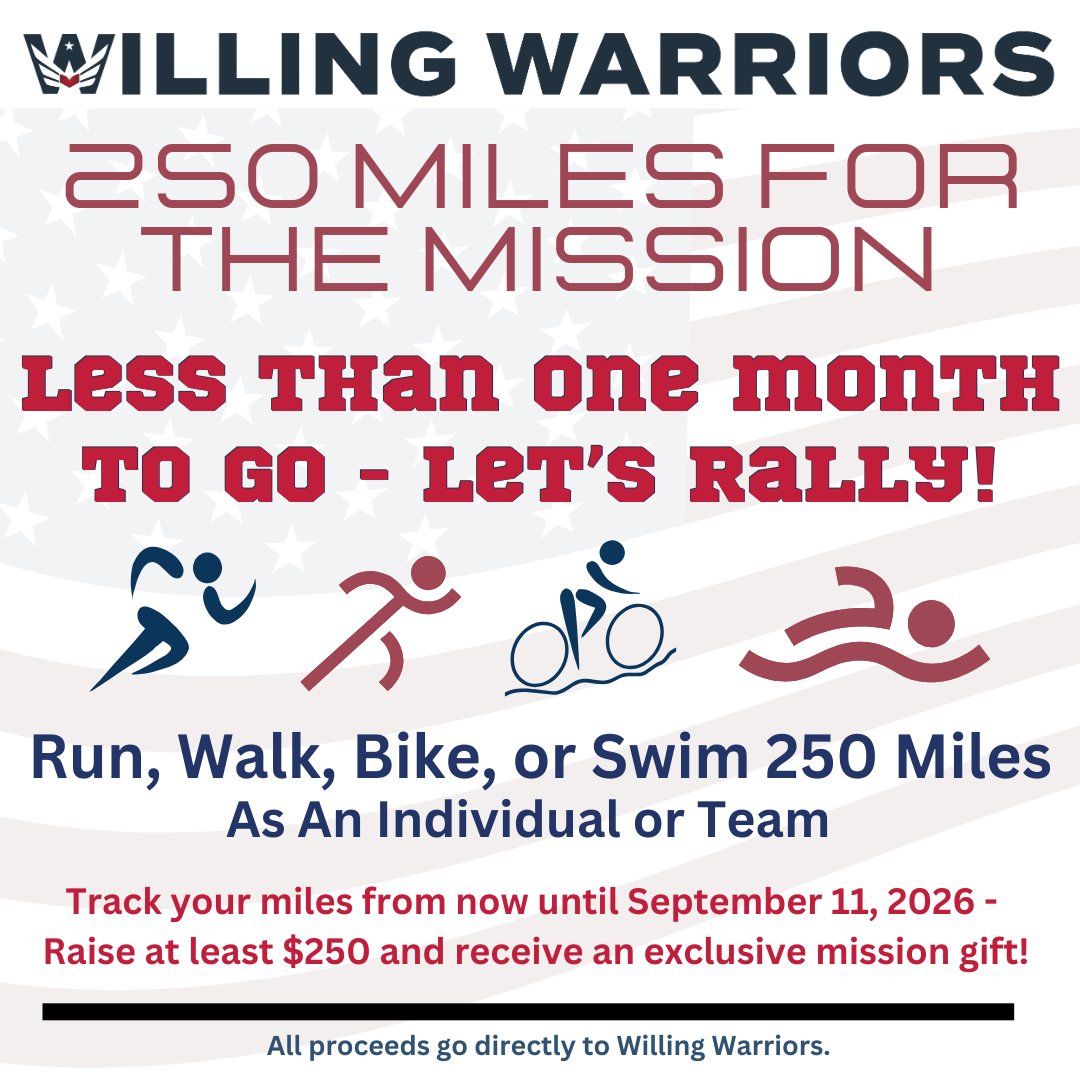 SOWW_va's tweet photo. 🏃‍♂️🚴‍♀️🏊‍♂️ With less than a month left in the #MilesForTheMission challenge, our dedicated participants are grinding out every single mile!

https://t.co/CWGmtBhgtm

#MilesForTheMission #WillingWarriors #SupportOurTroops #CommunityStrong #FitnessForACause #WarriorRetreat https://t.co/mzRZDIWVsE