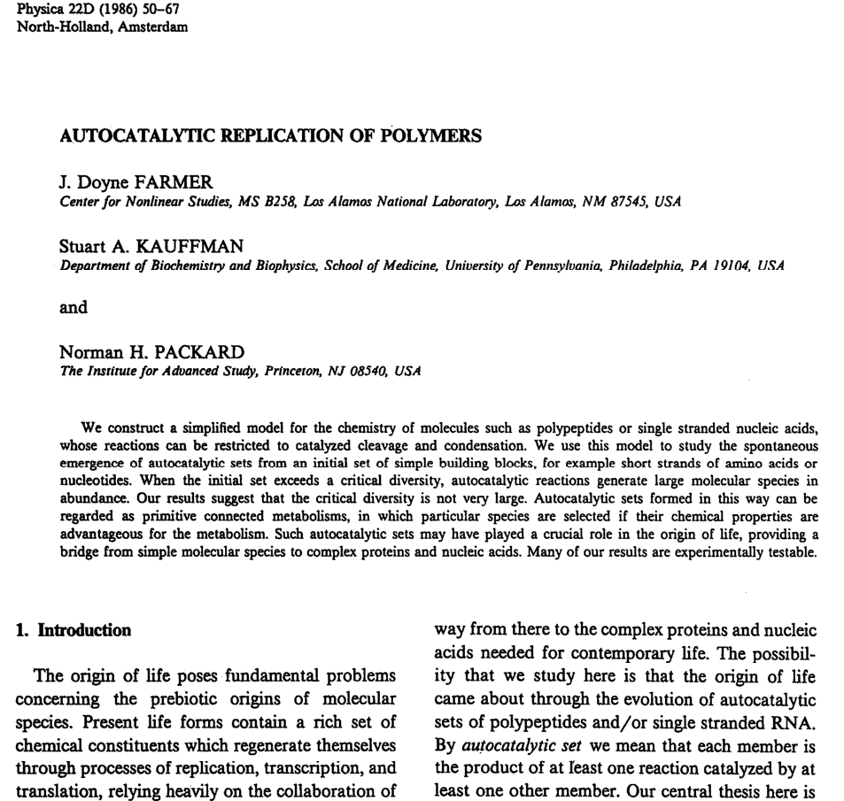 MalaveAManuel's tweet photo. J.Doyne Farmer, Stuart A Kauffman, Norman H Packard, Autocatalytic replication of polymers, Physica D: Nonlinear Phenomena, Volume 22, Issues 1–3, 1986, Pages 50-67. https://t.co/8JVxdrgw6V