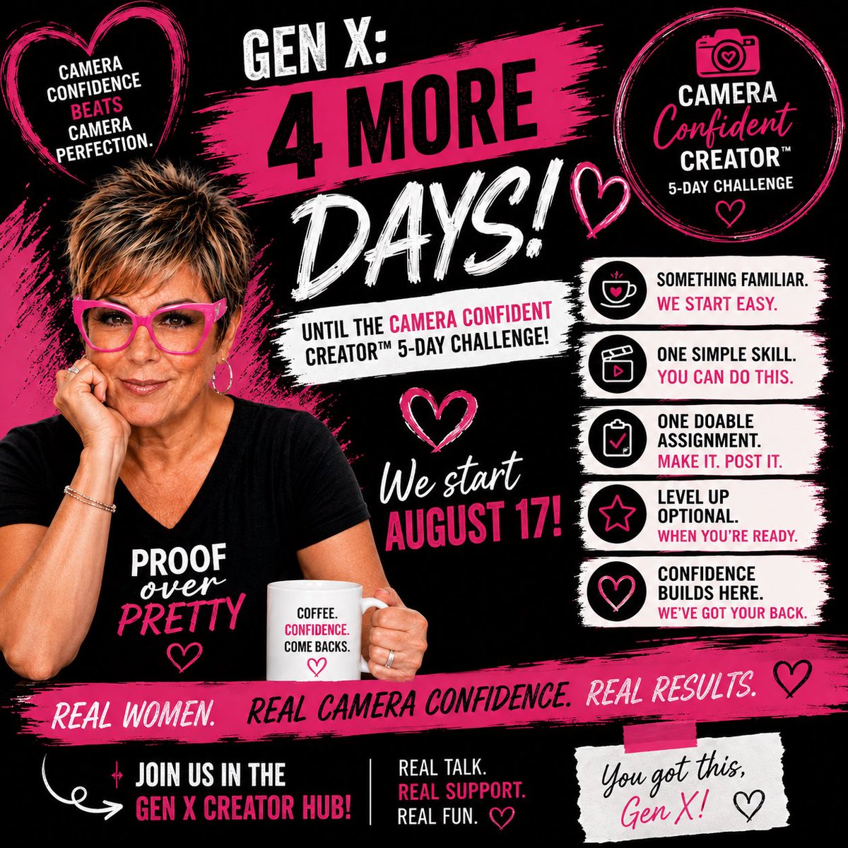 lisahunt's tweet photo. 4 DAYS! 🎥 Gen X, confidence doesn’t come BEFORE you hit record. You hit record, survive the awkwardness 😂, do it again—and THAT’S how confidence gets built.

Camera Confident Creator™ starts Aug. 17! 💗

Join us 👇
https://t.co/UtA6hPxxUZ https://t.co/znUUzSFfEr