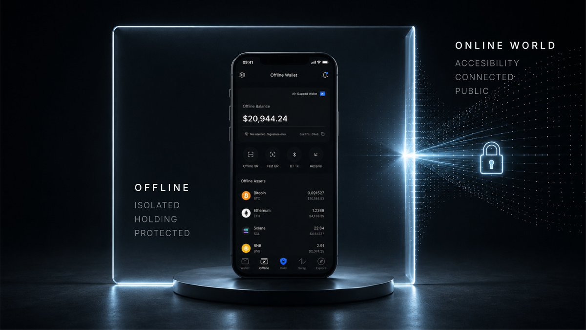 PureWalletPlus's tweet photo. Not every asset needs the same security environment.
Online Wallets are designed for accessibility — sending, receiving, and using assets when you need them. 

But assets you use often and assets you want to keep separately don't have to share the same security boundary.  

That's why we built the Pure Wallet Offline Wallet. 
Offline private keys are kept in OS secure storage, separate from public wallet metadata. 

This separation is designed so that access to public wallet data alone does not provide the key needed to control the Offline asset. 
It's about giving you a choice in how your assets are secured.

Online for accessibility. Offline for isolation. 
Different needs. Different security boundaries.
