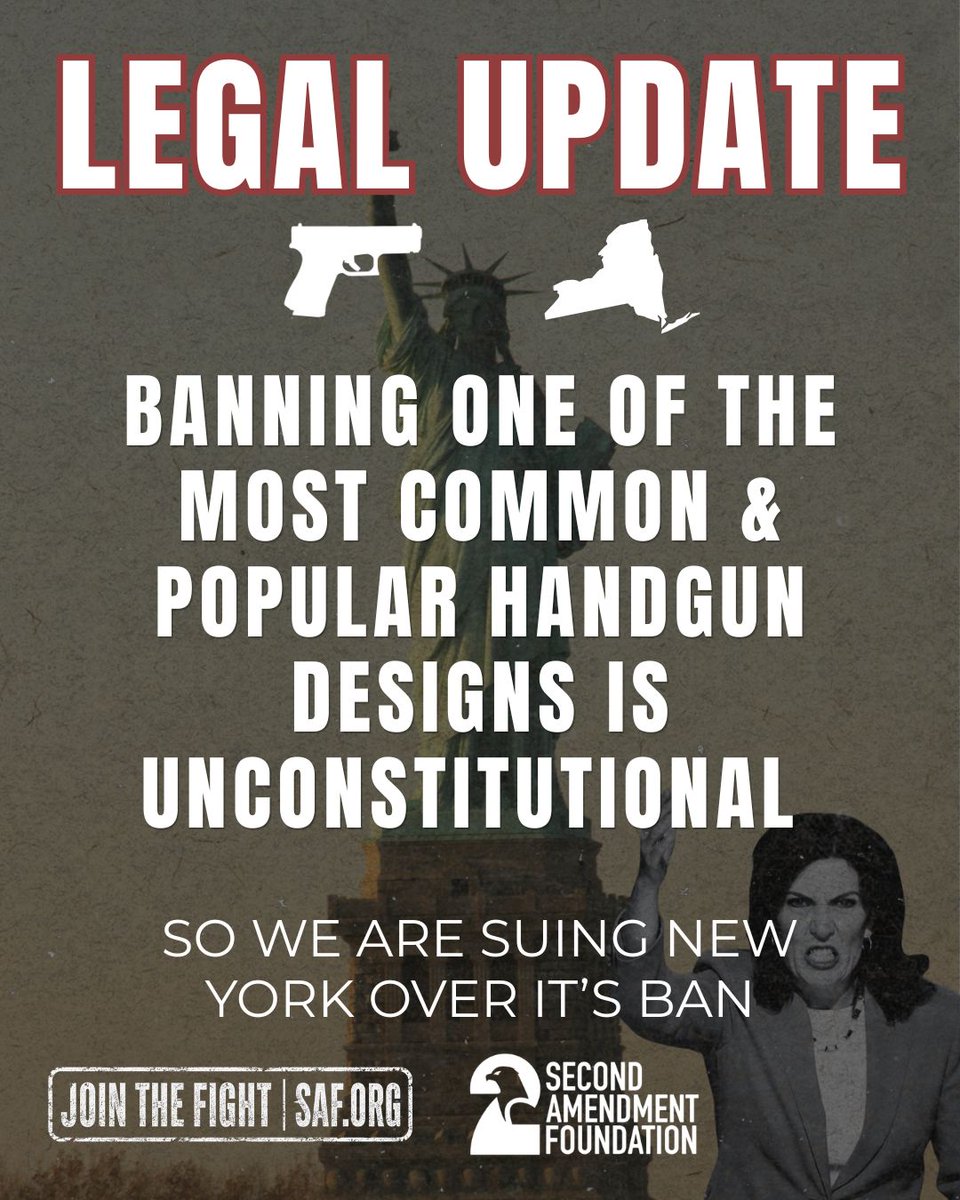 2AFDN's tweet photo. With everything happening, are you feeling left out New York? We got you... Today SAF and its partners filed yet another new lawsuit, this time challenging New York's freshly enacted Glock ban. 

Earlier in the year New York joined the short list of states that have attempted to sidestep the demands of the Constitution and the Supreme Court by banning Glock and Glock platform handguns from sale in the entire state. 

The Second Amendment protects all arms in common use, and the Supreme Court has already expressly held that it protects handguns, and yet New York lawmakers were convinced by anti-gun lobbyists that somehow - some way - banning one of the most popular and common handgun platforms in the country was a good idea. Today they learn it was not.
