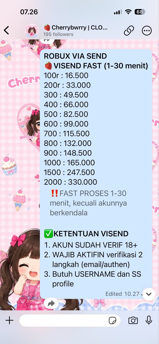 cherry_bwrry's tweet photo. ROBUX VIA SEND
🍓VISEND FAST (1-30 menit)
100r : 16.500
200r : 33.000
300 : 49.500
400 : 66.000
500 : 82.500

✅KETENTUAN VISEND
1. AKUN SUDAH VERIF 18+
2. ⁠WAJIB AKTIFIN verifikasi 2 langkah (email/authen)
3. Butuh USERNAME dan SS profile

📞— ORDER: https://t.co/s301tG7Tg6 https://t.co/qF4QI2KZKF