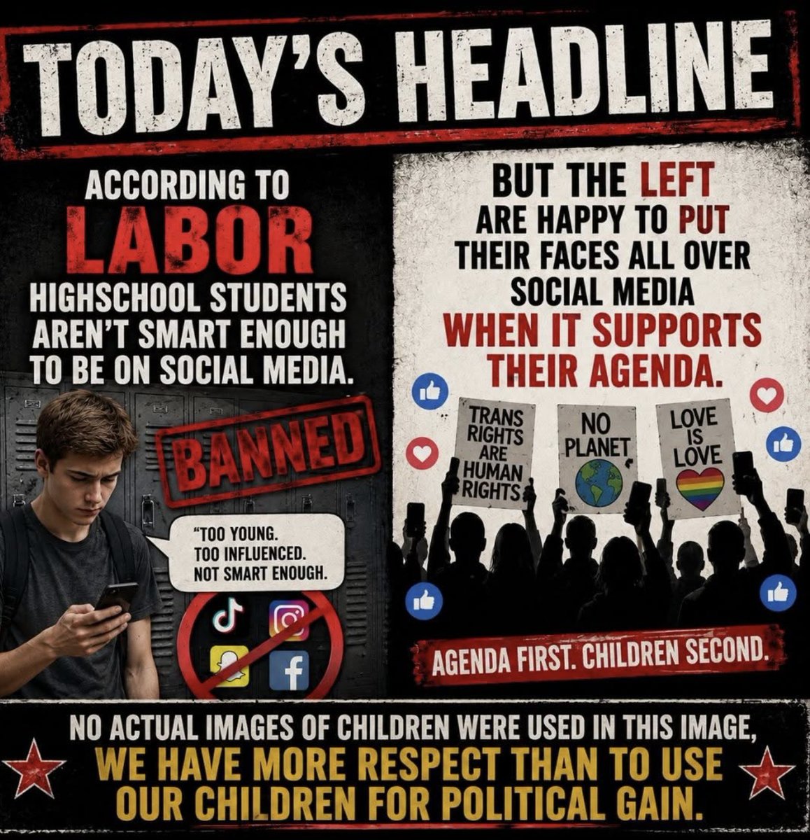 JT3228440527570's tweet photo. Kids are apparently too young, too influenced &amp; not smart enough for social media…

…but old enough to skip school &amp; be political pawns when the agenda suits.

Apparently children only need protecting when they’re holding the ‘wrong opinion’.

Cd: D Roberts  @PaulineHansonOz https://t.co/hKlGRYEaCK