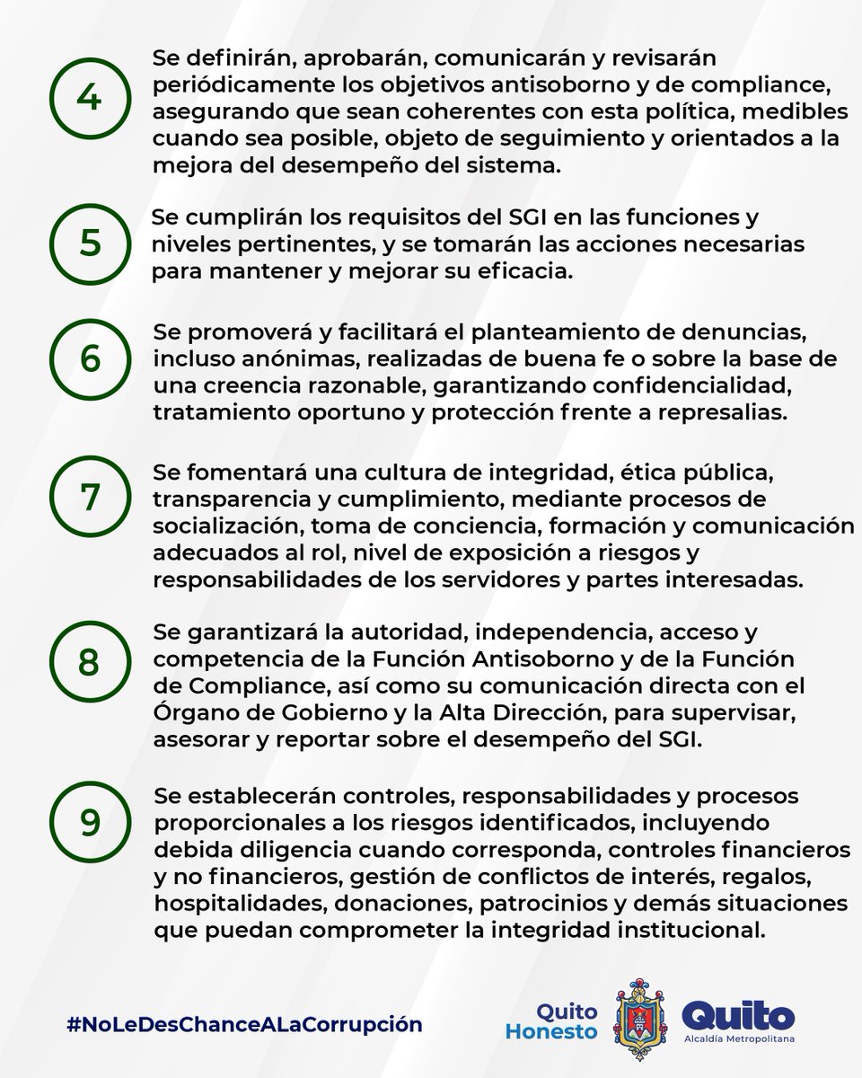 quitohonesto's tweet photo. ¿Cómo se protege la integridad dentro de Quito Honesto? 👀

La prevención del soborno y el cumplimiento normativo no se quedan en el papel. Quito Honesto cuenta con un Sistema Integrado de Gestión que articula buenas prácticas de las normas ISO 37001 Antisoborno e ISO 37301 Compliance.

En este carrusel conoce, de forma sencilla:

🔹 Nuestros canales de denuncia para servidores y ciudadanía.
🔹 La Política del Sistema Integrado y los compromisos que nos guían.
🔹 Sus objetivos para fortalecer la prevención, el cumplimiento y la cultura de integridad.
👉 Desliza y conoce cómo trabajamos para fortalecer una gestión ética y responsable.
Mira nuestro manual: https://t.co/mPKWaAxUav 

#QuitoHonesto #Integridad #Prevención #CumplimientoNormativo #Antisoborno