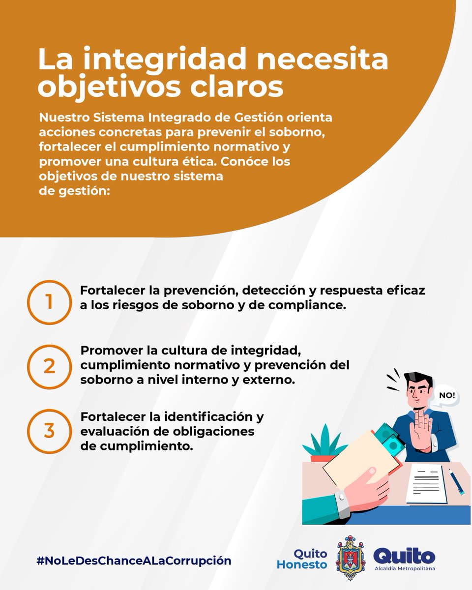 quitohonesto's tweet photo. ¿Cómo se protege la integridad dentro de Quito Honesto? 👀

La prevención del soborno y el cumplimiento normativo no se quedan en el papel. Quito Honesto cuenta con un Sistema Integrado de Gestión que articula buenas prácticas de las normas ISO 37001 Antisoborno e ISO 37301 Compliance.

En este carrusel conoce, de forma sencilla:

🔹 Nuestros canales de denuncia para servidores y ciudadanía.
🔹 La Política del Sistema Integrado y los compromisos que nos guían.
🔹 Sus objetivos para fortalecer la prevención, el cumplimiento y la cultura de integridad.
👉 Desliza y conoce cómo trabajamos para fortalecer una gestión ética y responsable.
Mira nuestro manual: https://t.co/mPKWaAxUav 

#QuitoHonesto #Integridad #Prevención #CumplimientoNormativo #Antisoborno