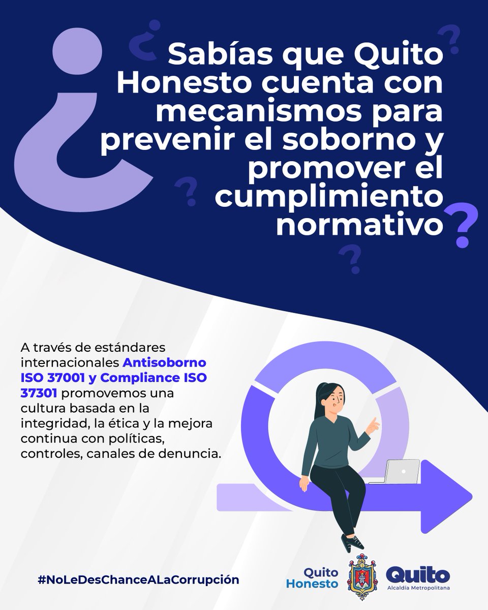 quitohonesto's tweet photo. ¿Cómo se protege la integridad dentro de Quito Honesto? 👀

La prevención del soborno y el cumplimiento normativo no se quedan en el papel. Quito Honesto cuenta con un Sistema Integrado de Gestión que articula buenas prácticas de las normas ISO 37001 Antisoborno e ISO 37301 Compliance.

En este carrusel conoce, de forma sencilla:

🔹 Nuestros canales de denuncia para servidores y ciudadanía.
🔹 La Política del Sistema Integrado y los compromisos que nos guían.
🔹 Sus objetivos para fortalecer la prevención, el cumplimiento y la cultura de integridad.
👉 Desliza y conoce cómo trabajamos para fortalecer una gestión ética y responsable.
Mira nuestro manual: https://t.co/mPKWaAxUav 

#QuitoHonesto #Integridad #Prevención #CumplimientoNormativo #Antisoborno