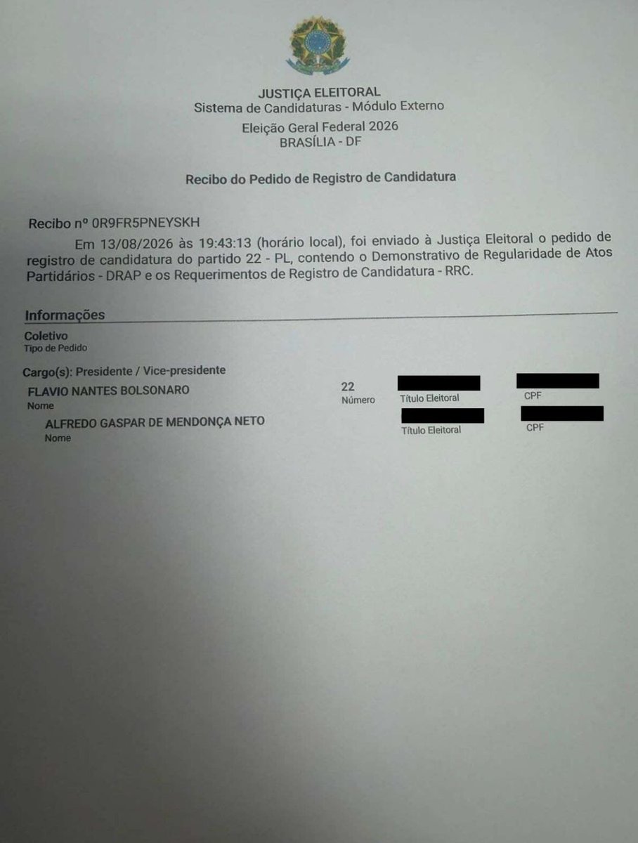 rogeriosmarinho's tweet photo. Já temos candidatura registrada!!! Quem quer o resgate do Brasil das garras do PT está com Flávio Bolsonaro presidente e Alfredo Gaspar vice! https://t.co/xEkIdFs25c