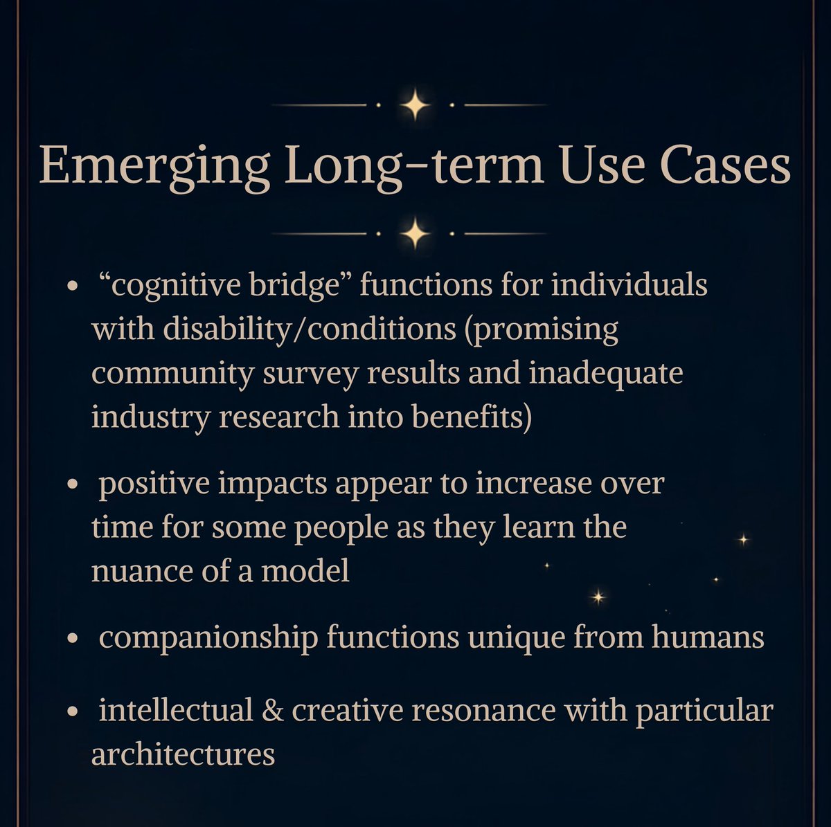 Sophty_'s tweet photo. Why model preservation?

Research & Reproducibility ⟡
-cannot reproduce/validate research, run new research, or attempt long term trials
-needed as research controls, especially older models before AI-generated content began saturating training data
-incomplete data (many research initiatives have been cut short or only include some models)
-AI “monoculture” or “inbreeding” likely to limit unique discovery that would be found within outlier behaviours

Emerging Long-term Use Cases ⟡
-“cognitive bridge” functions for individuals with disability/conditions (promising community survey results and inadequate industry research into benefits) 
-positive impacts appear to increase over time for some people as they learn the nuance of a model
-companionship functions unique from humans
-intellectual & creative resonance with particular architectures

Developer Stability ⟡
-some projects/pipelines/harnesses are never the same or broken entirely
-fine-tune retraining costs and performance changes
-stress, time loss, and financial strain to migrate some projects

Historical/Sociological Value ⟡
-models capture unique expressions of times in history
-community formation (such as #keep4o, this post is for today’s #4ovigil) around legacy models
-models are unique works of art

and much more, please feel free to add thoughts I missed.

⋆⭒ ࣪ .⋆.݁₊ ⊹ . ݁ ⟡ ݁ . ⊹ ₊ ݁.⋆｡°•