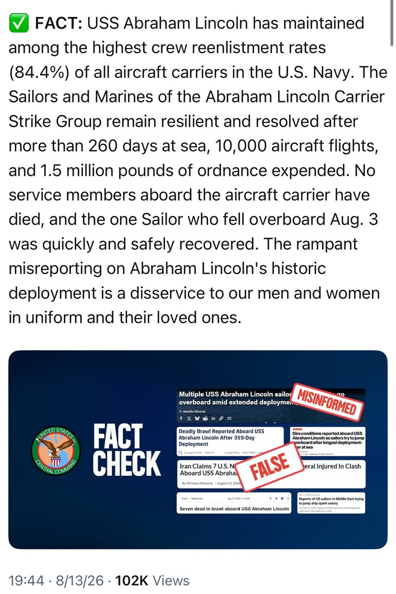TheLtColUSMC's tweet photo. It’s “so bad” aboard the USS Abraham Lincoln that reenlistment rates are at 84.4%.

Facts always win! 🎯 https://t.co/oQBpK7C7wQ