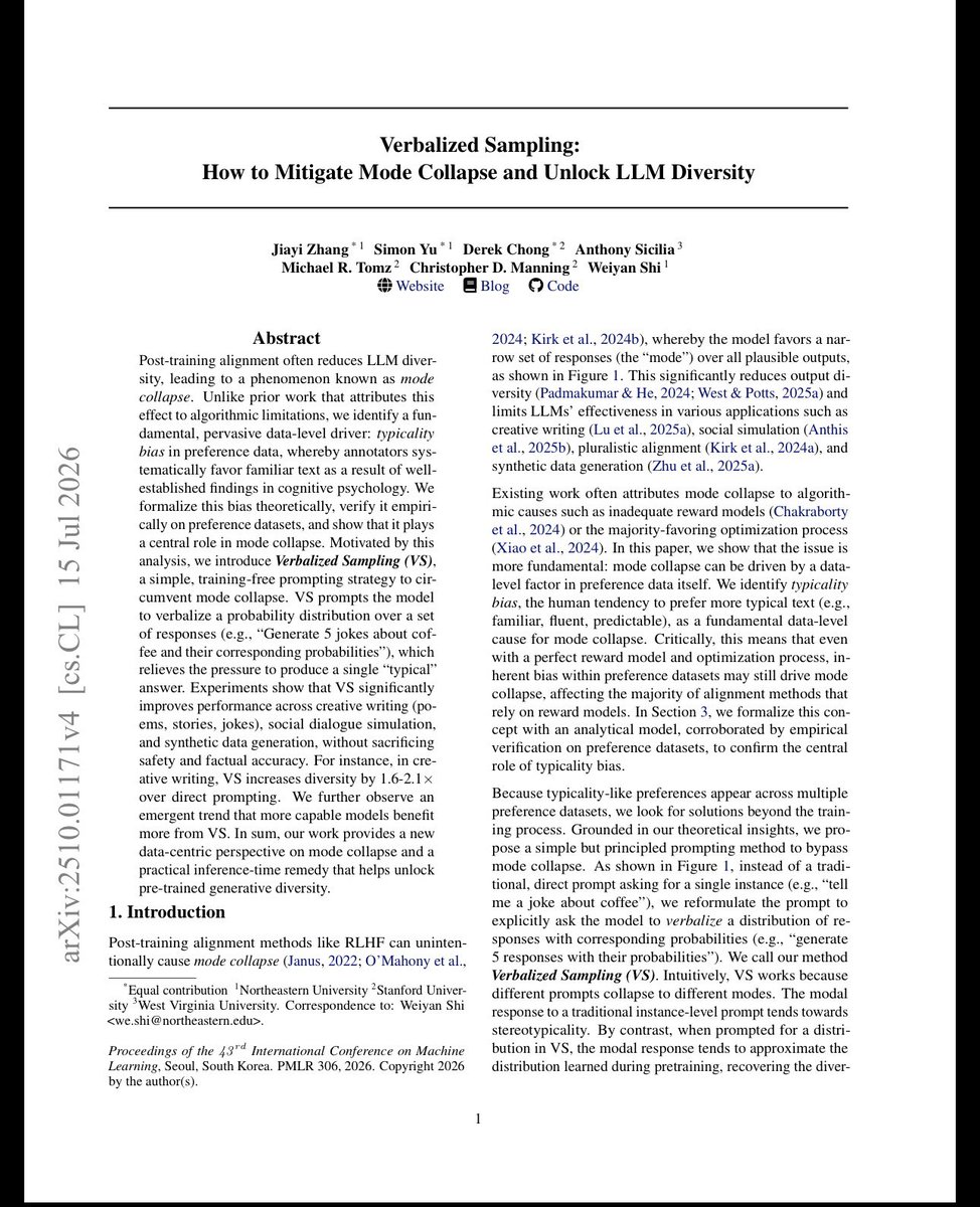 斯坦福大学研究人员发布Verbalized Sampling 研究论文(1.6×)