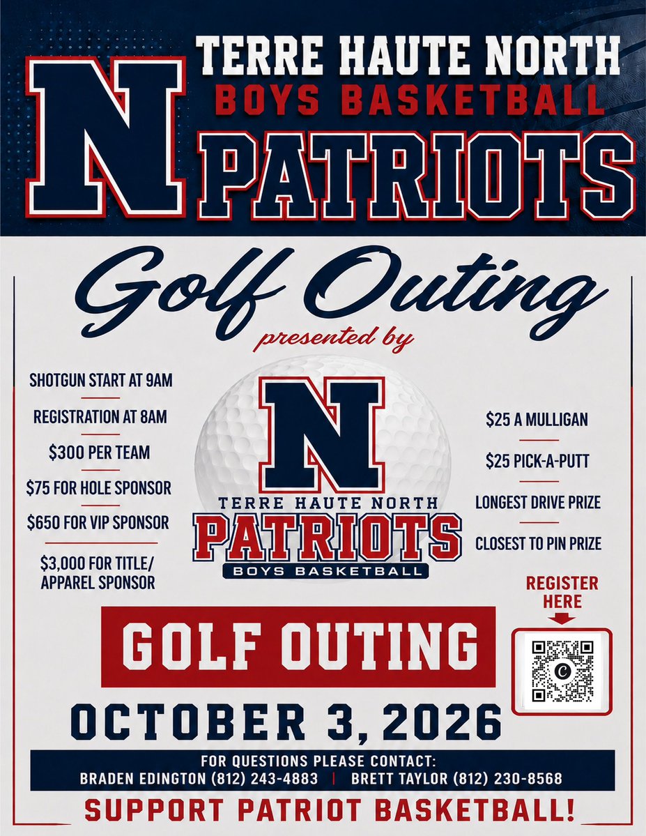 THN_BB's tweet photo. The Patriots would love to see you October 3rd for the inaugural THN Boys Basketball Golf Outing! Check out the flyer below for registration details. Scan the QR Code or use the link below to register your team today! #TTE #BeONE 

https://t.co/ag4MhQ01T4 https://t.co/9dNWrJrVAy